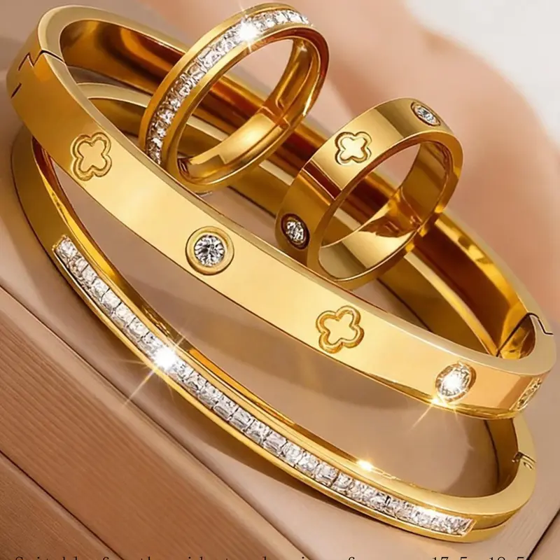 4-piece set of French elegant and fashionable classic bracelets and rings, made of 304 stainless steel material, suitable for daily wear and important occasions