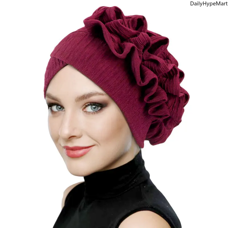 DailyHypeMart Unisex Plain Modern Pleated Edge Ruffle Turban Hat - Elastic Baroque Undercap Hair Care Bonnet, 1 Size Fits All, Adult-Fit, Casual Stylish Daily & Party Wear, Funky Casual Stylish