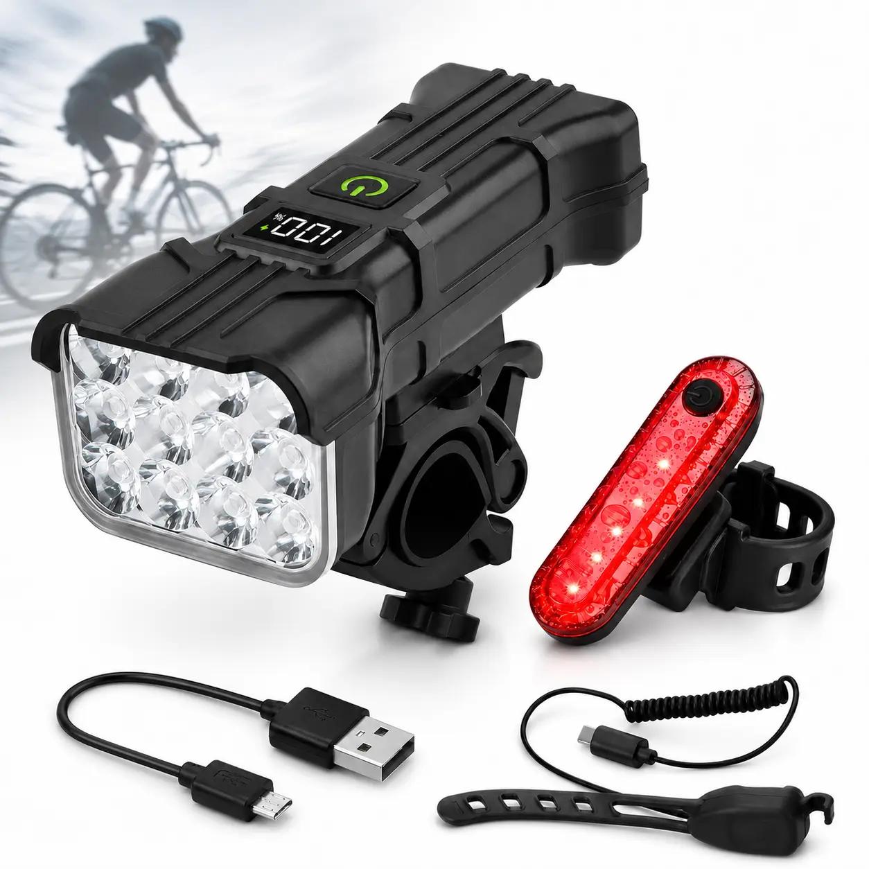 Bike Lights with Tail Light Set for Night Riding with 130dB Horn USB-C Rechargeable Bicycle Headlight, LCD Display, 5 Modes Waterproof for Road/Mountain Cycling