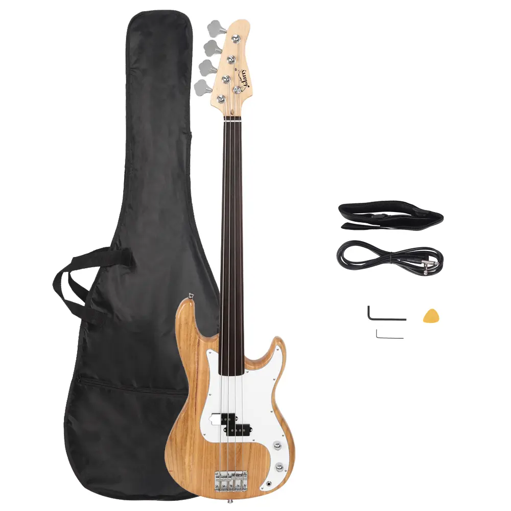 Glarry Full-Size Fretless 4-String Right-Hand Electric Bass Guitar - Basswood Body, Rosewood Fretboard, 1 Volume, 1 Tone, Lightweight, Burlywood Finish, 46.46x12.6x1.65 Inches, for Experienced Players, Includes Cord, Guitar Strap, Spanner Tool