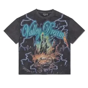 Summer American Retro Dark Washed Loose Hip Hop Short Sleeve T-Shirt Men's Fashionable Vintage Print Casual Cotton Tee Streetwear Trendy Urban Style Cool Graphic Tee Vintage Vibes Unisex Relaxed Fit