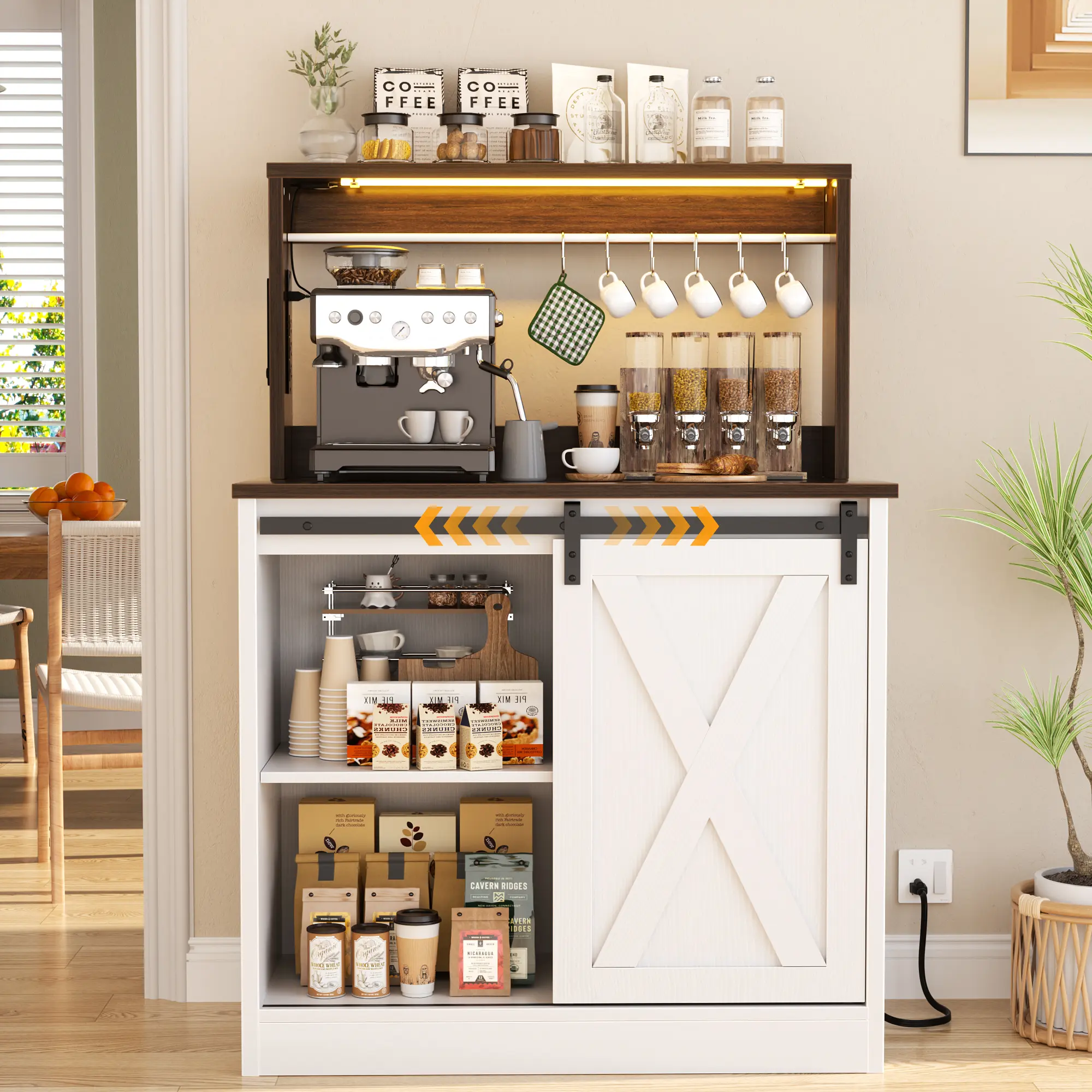 Unikito Classic Country Style Coffee Bar Station - Kitchen Sideboard, Lighted Curio Cabinet, Wooden Storage Cabinet with Built-in Charging Station, LED Lights, Adjustable Shelves, Sliding Barn Door, Tabletop Shelf, Hooks, Rustic