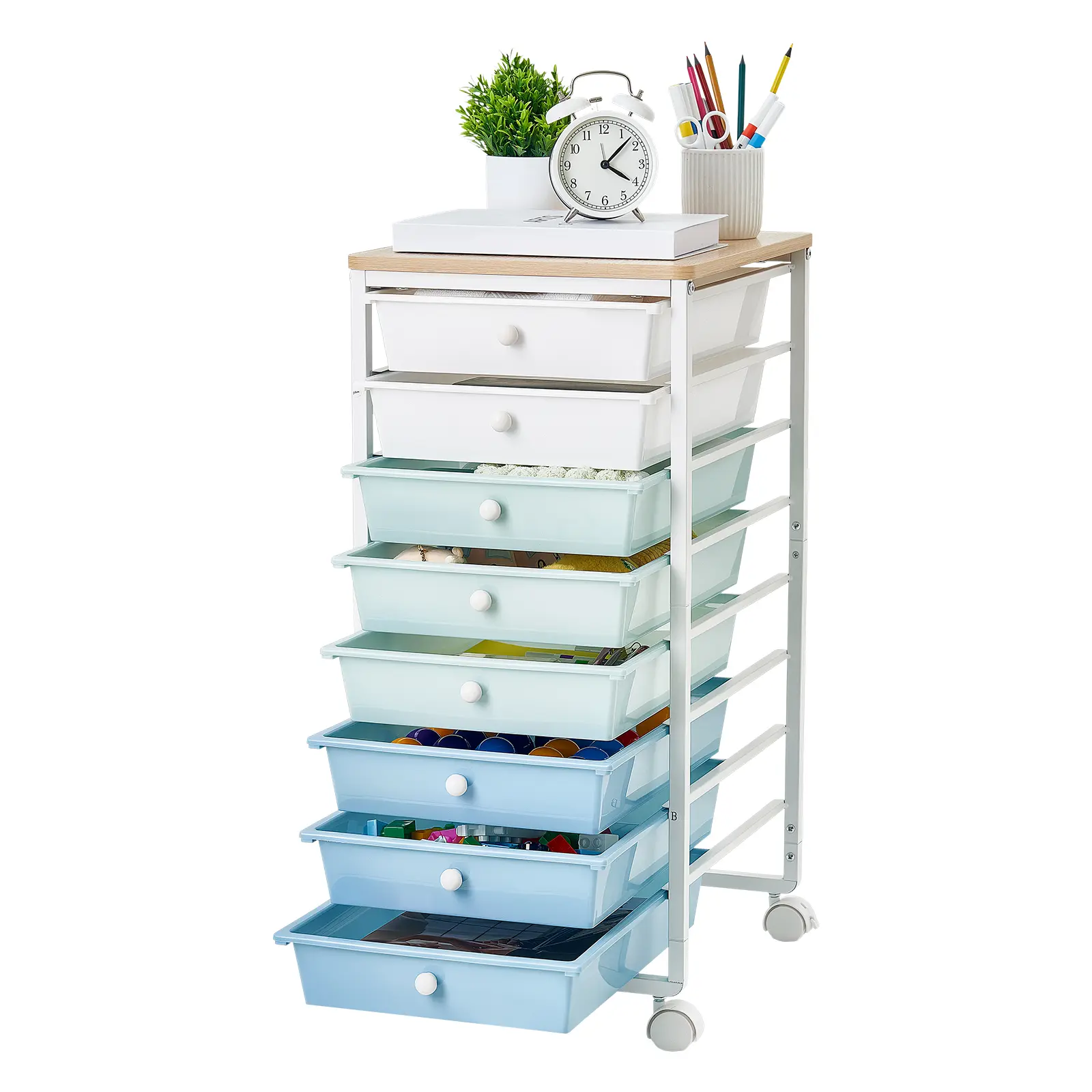 VEVOR 8-Drawer Rolling Storage Cart with Wood Top, Steel Frame, Universal Casters, 2 Brakes & Racks, Mobile Utility Organizer for Office, Classroom, Bedroom