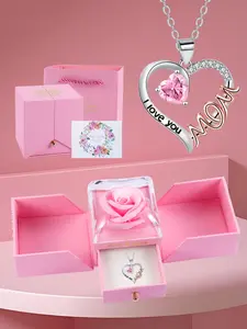 Heart Pendant Necklace with Rose Exquisite Jewelry Gift Box, Mother's Day Birthday Present for Mom Grandma Auntie, I Love You Mom Heart Charm Necklace