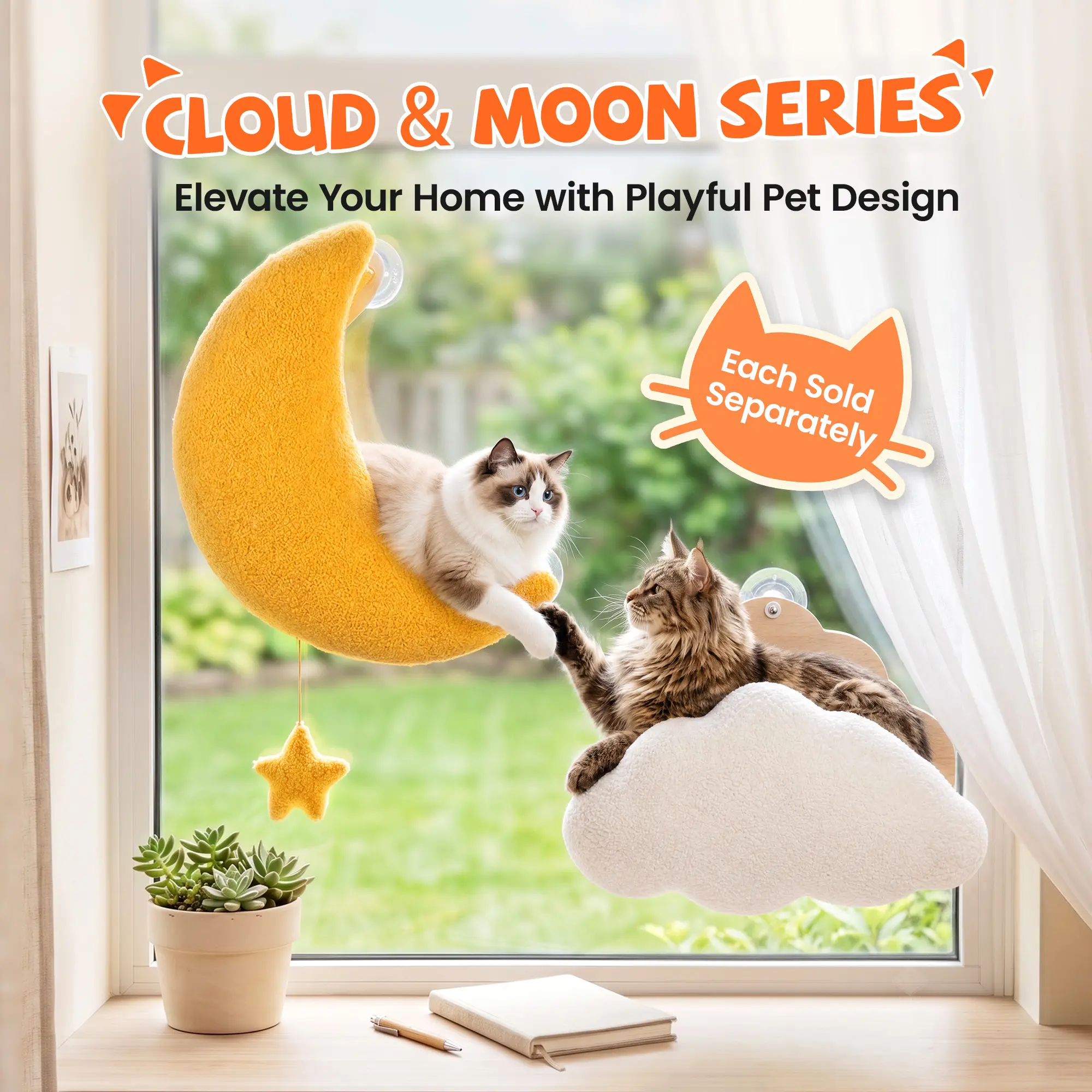 BOLIAN Cat Window Perch Moon / Cloud Shape, Large Cat Hammock Bed Washable Suction Mount, Steel Brackets, Soft Fabrics, Space Saving, Tool-Free Assembly, Watch birds, Sunbathing