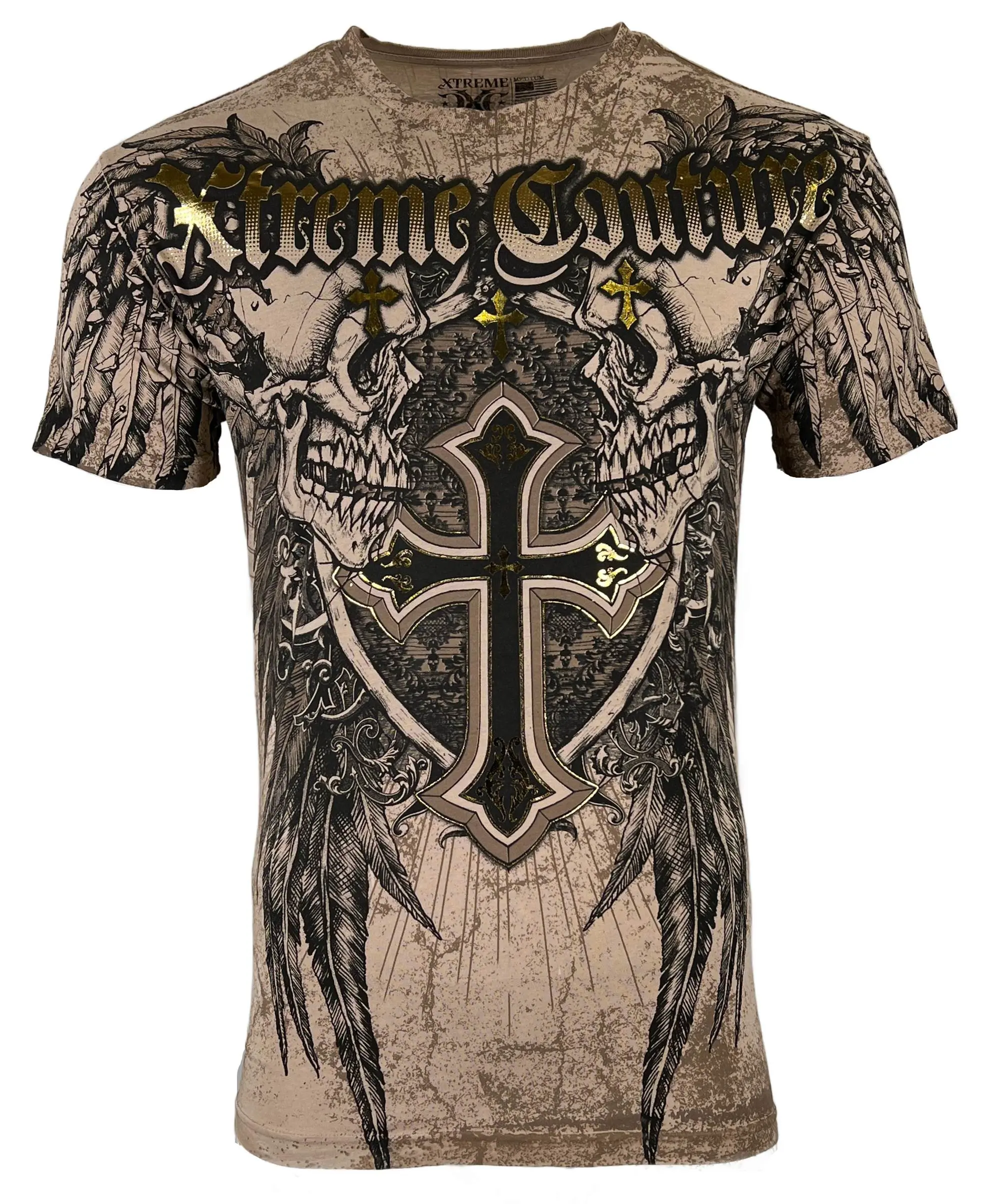 Xtreme Couture by Affliction Men's Fitted Cut Crew Neck T-Shirt - Cotton Streetwear Top with Inhuman Skulls Front & Back Print