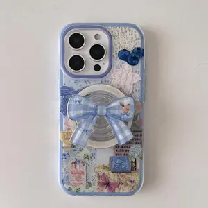 Magnetic 2 in 1 Phone Case with Bow Holder, Fashion Phone Protective Cover, Phone Accessories Compatible with iPhone 16 Pro Max 15 14 13 Casing