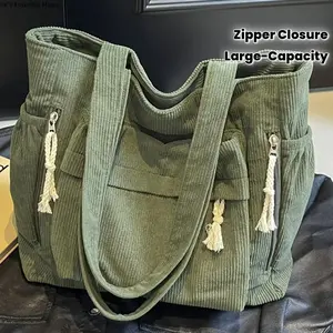 Women's Heavy-Duty Corduroy Handbag, Large Capacity Multi-Compartment Travel Bag with Fixed Straps and Zippered Closure, for Camping, Hiking, Tote Bags, Shoulder Bag