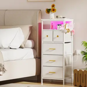 Tall Nightstand with LED Light & Charging Station, Bedside table with 5 Drawer & open Shelf, Wood Top, Metal Steel, Tall Storage Cabinet for Bedroom, Living Room, Entry, Apartment, 40x30x98cm furniture