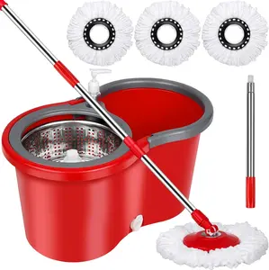 Spinning Mop Bucket Set with Wring System Red Includes 3 Microfiber Mops & Stainless Steel Pole for Efficient Cleaning