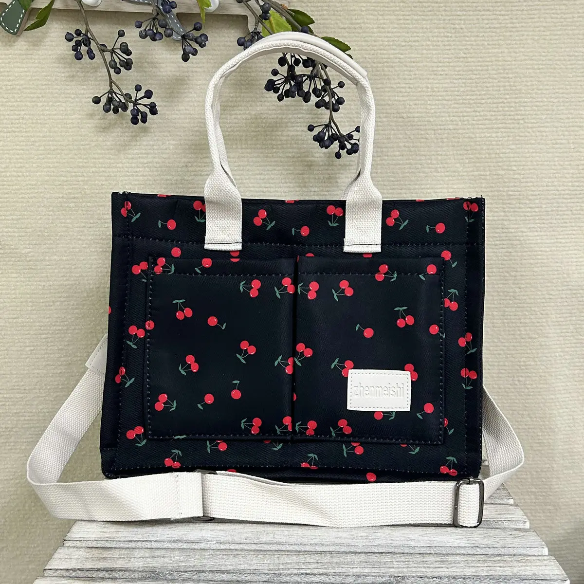 Women's Cherry Pattern Nylon Tote Bag - Casual Everyday High-Capacity Multi-Compartment Everything Bag, Foldable, Adjustable Strap, Multi-Use