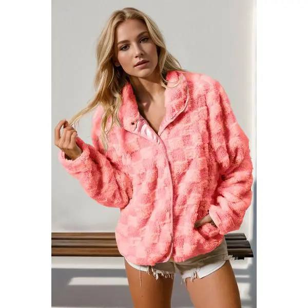 Double Take Checkered Long Sleeve Fuzzy Jacket