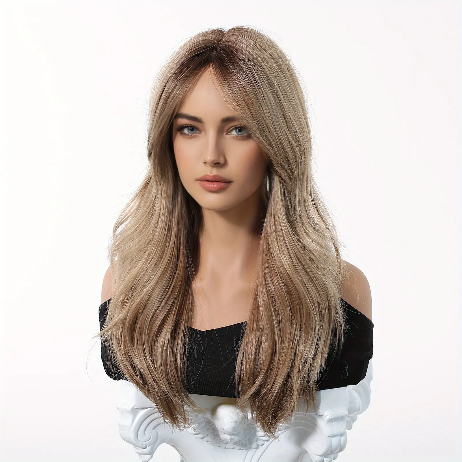 Female 24-Inch Golden Brown Loose Wave Synthetic Full Machine Wig with Bangs, Dark Roots, Glueless Heat Resistant High-Temperature Fiber Hair, Premium Lightweight Adjustable Breathable Flex Cap Fashion Accessory, Synthetic Hair, Wave Pattern, Wavy