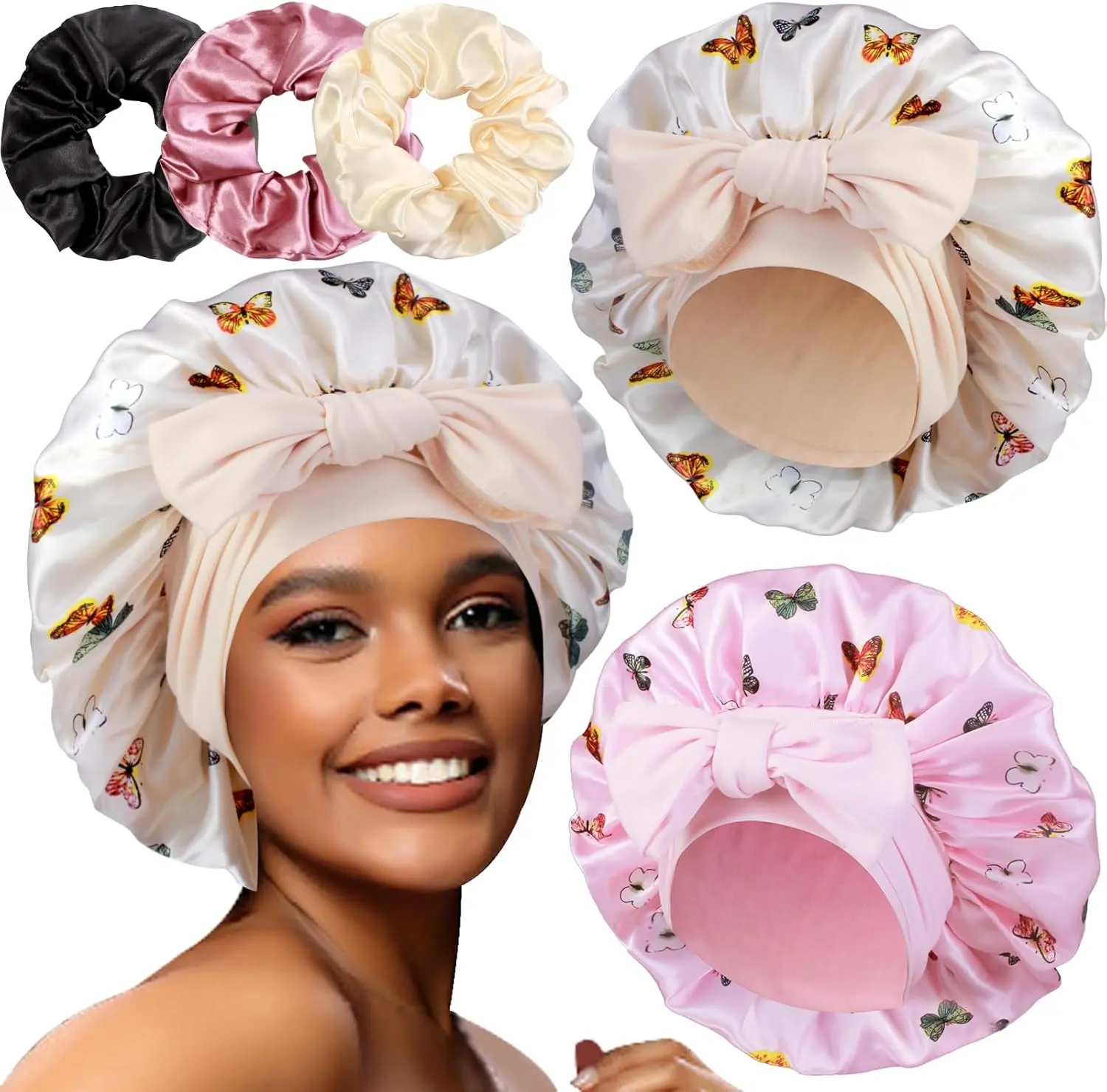 2+3 Large Satin Bonnets with Scrunchies for Women Heniho