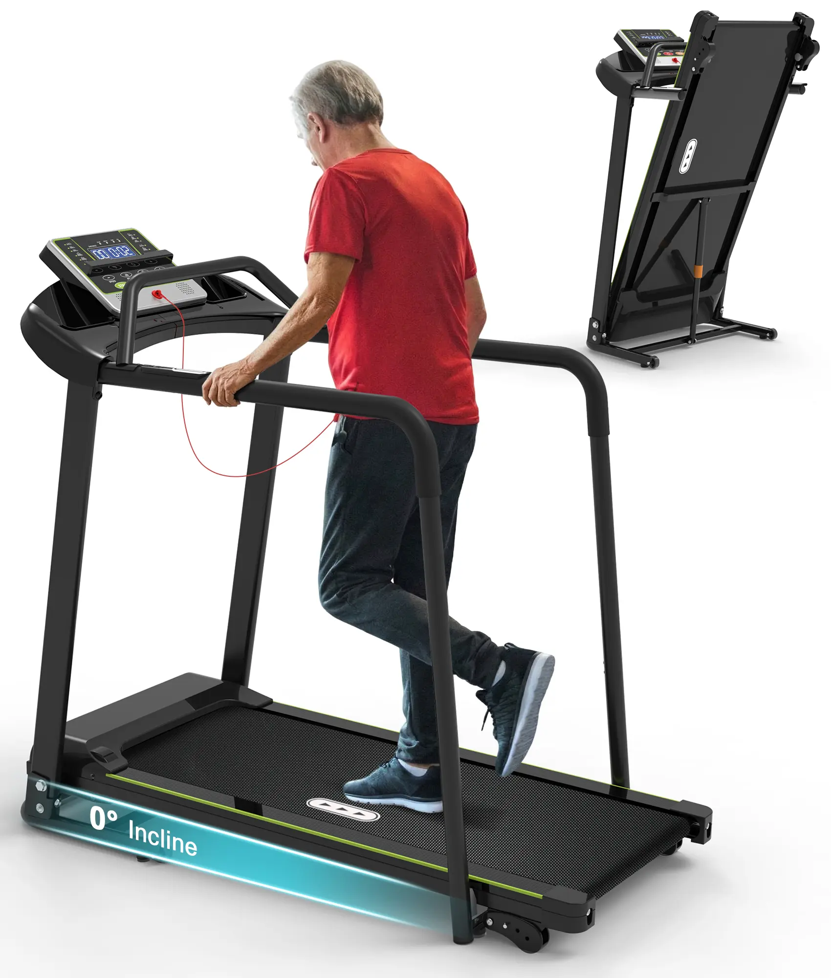 Foldable Portable Tread for Seniors Recovery - Home Fitness Equipment, Long Handrails, 0.3MPH Gentle Start, 300lb Weight Limit, 0-2% Incline, Auto Lubricate, Mini Size, Home Workouts, Cardio Exercise, Treadmill