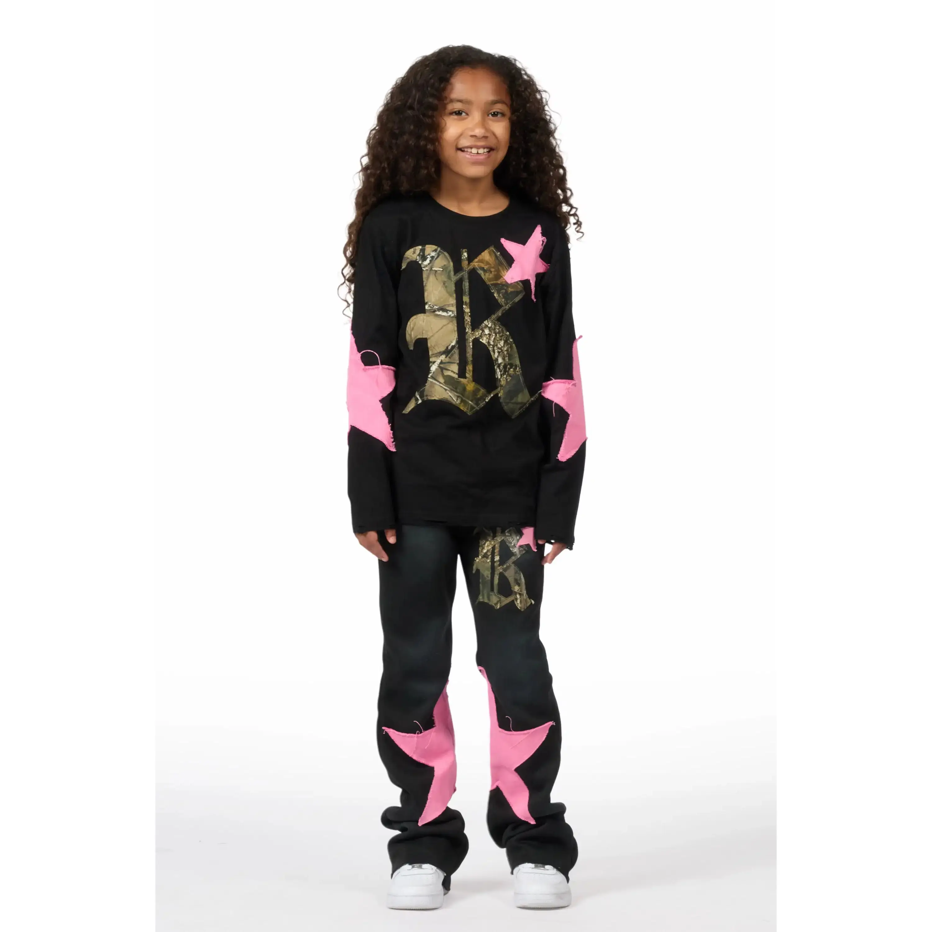 Girls Delgera Black/Pink Long Sleeve T-Shirt Track Set