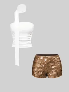 Women's Sexy Bodycon Top and Sequin Shorts Set, Y2K Street Style, Perfect for Parties, Christmas, Music Festivals, Holiday Celebrations