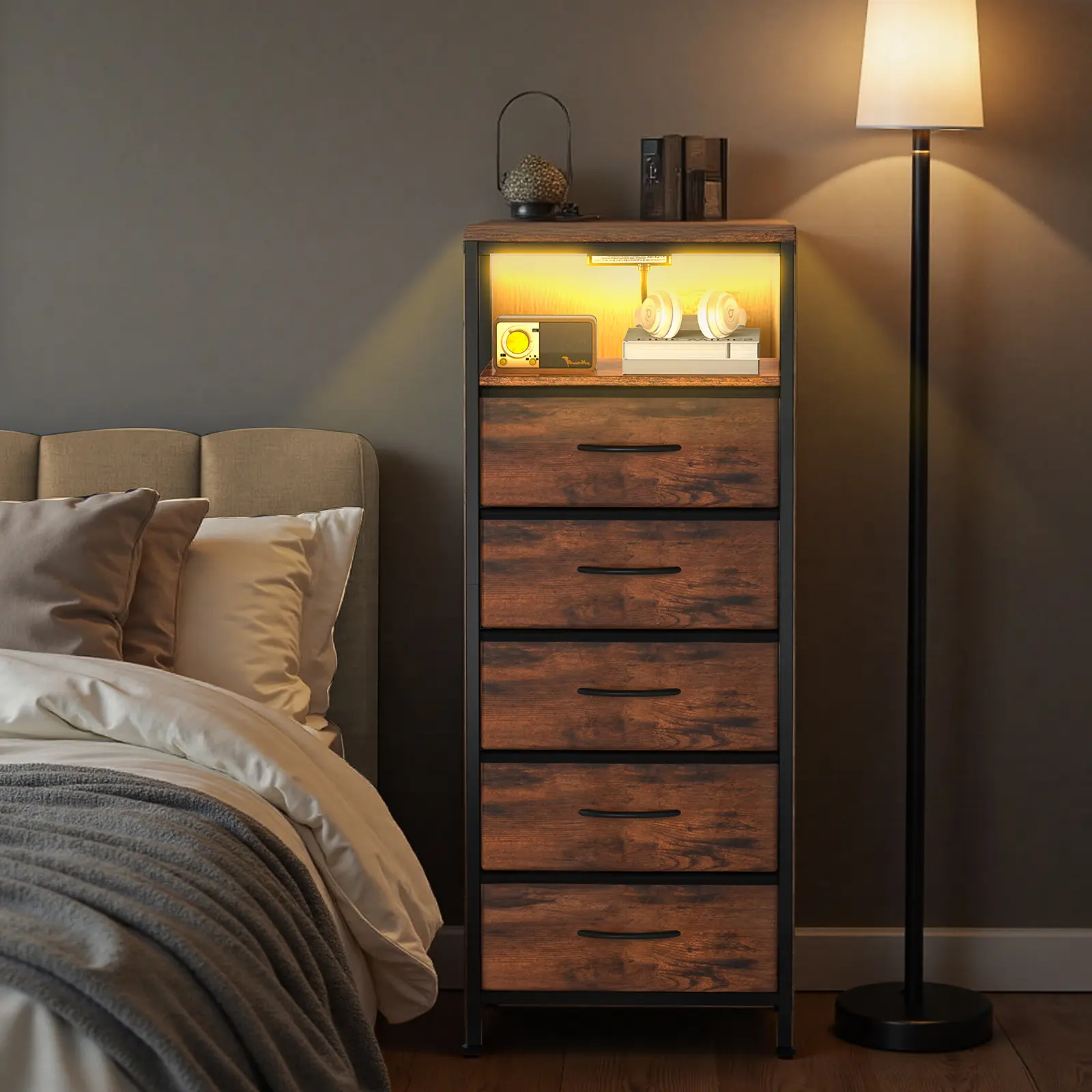 Bedroom Nightstand with Charging Station, Fabric Drawers, USB-Type-C Ports, Outlets, Adjustable ft, Variable Light Strip, Modern Accent Tables, Indoor Furniture End Table, Drawer-Equipped Bedside Tables