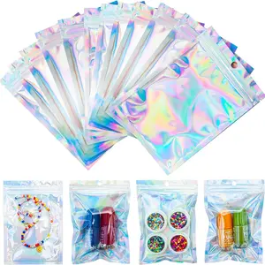 100pcs Holographic Resealable Bags, Hologram Plastic, Laser Smell Proof Mylar Bags for Small Business Packaging, Smell Proof Pouch with Clear Window for Jewelry Candy, Foil Zip Lock Bags, Waterproof Resealable Pouches for Sample Bags