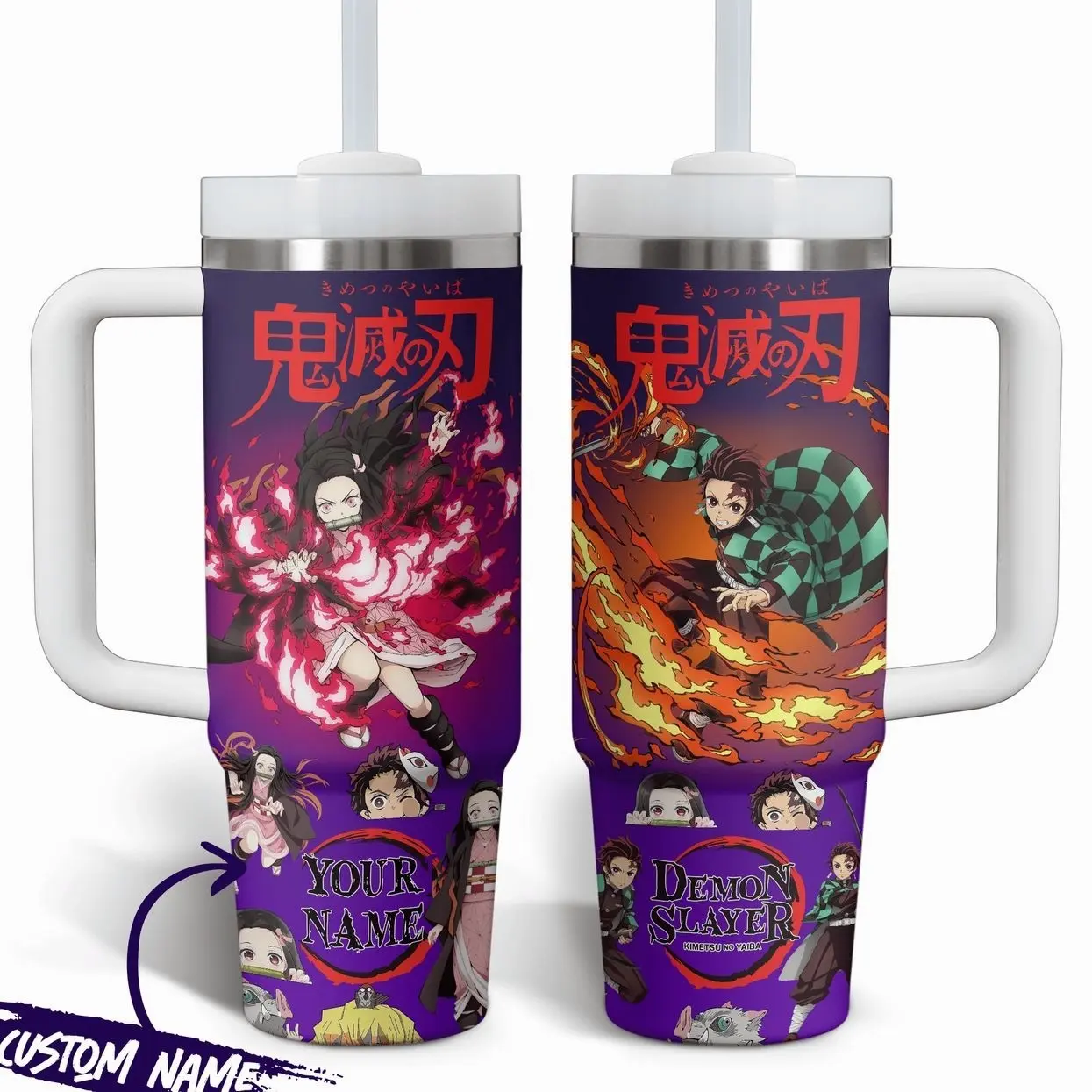 Custom Name Anime Demon Hunter 40oz Tumbler with Handle | Personalized Katana Swordsman Travel Mug | Anime Fan Gift