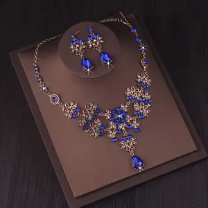 Luxurious Royal Blue & Golden Floral Bridal Jewelry Set - Alloy Necklace and Earrings with Rhinestone Accents, Perfect for Weddings Evening Parties, Wedding Accessories|Elegant Accessory Set|Rhinestone Embellishments, Gifts
