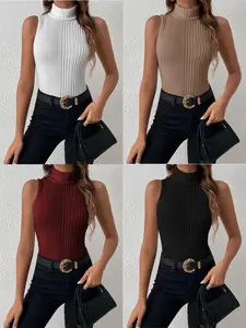 Spring Summer Fashion Chic High Neck Sleeveless Slim Fit Tank Top, Solid Color Versatile Base Layer Women's Tops Set, 4 Pieces