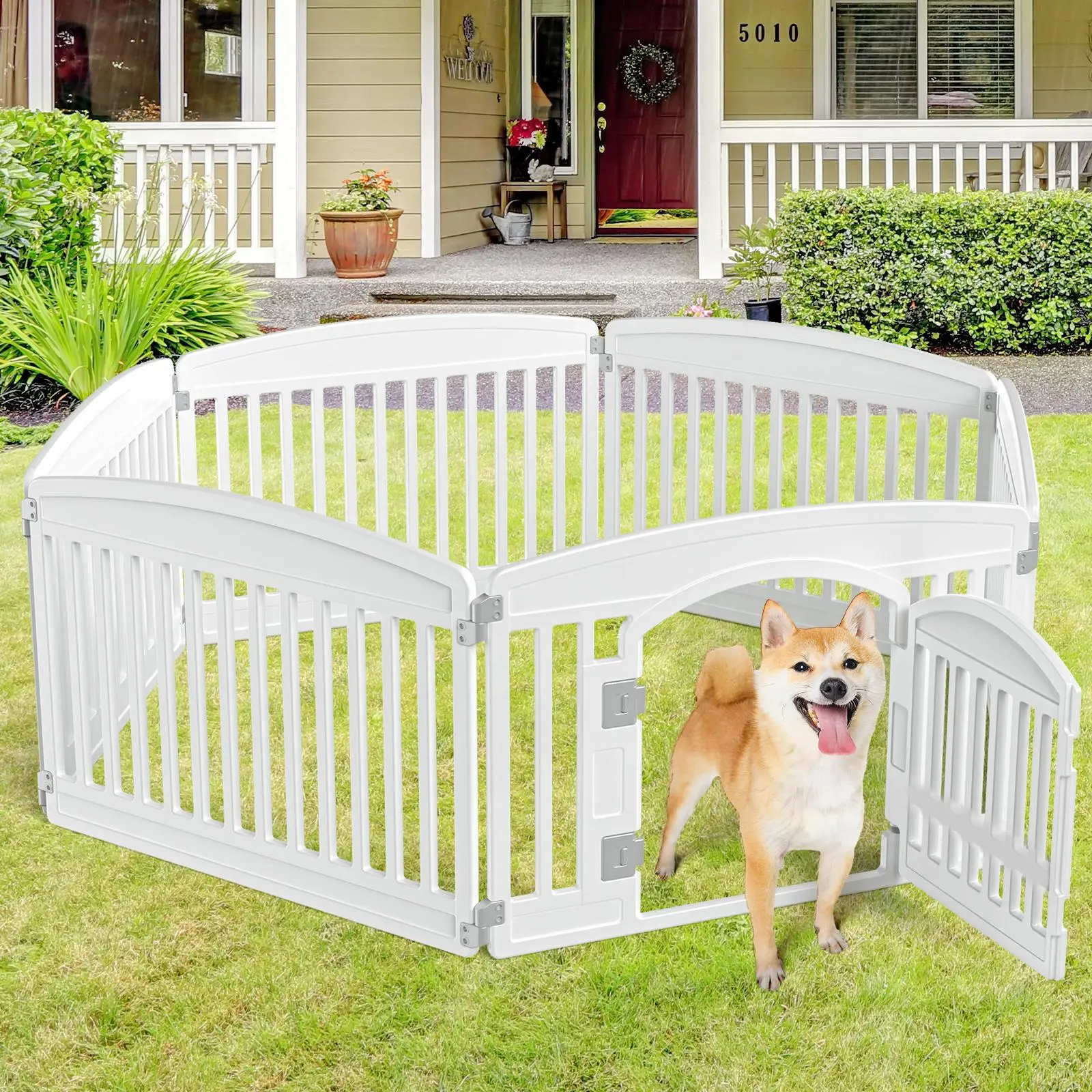 Dog Playpen 6-Panel 24" Pet Playpen with Door Indoor/Outdoor Dog Pen 84 x 84 x 24 Foldable Customizable White Pet Playpen for Medium and Large Dogs Safe Secure Design Durable Easy to Clean Material