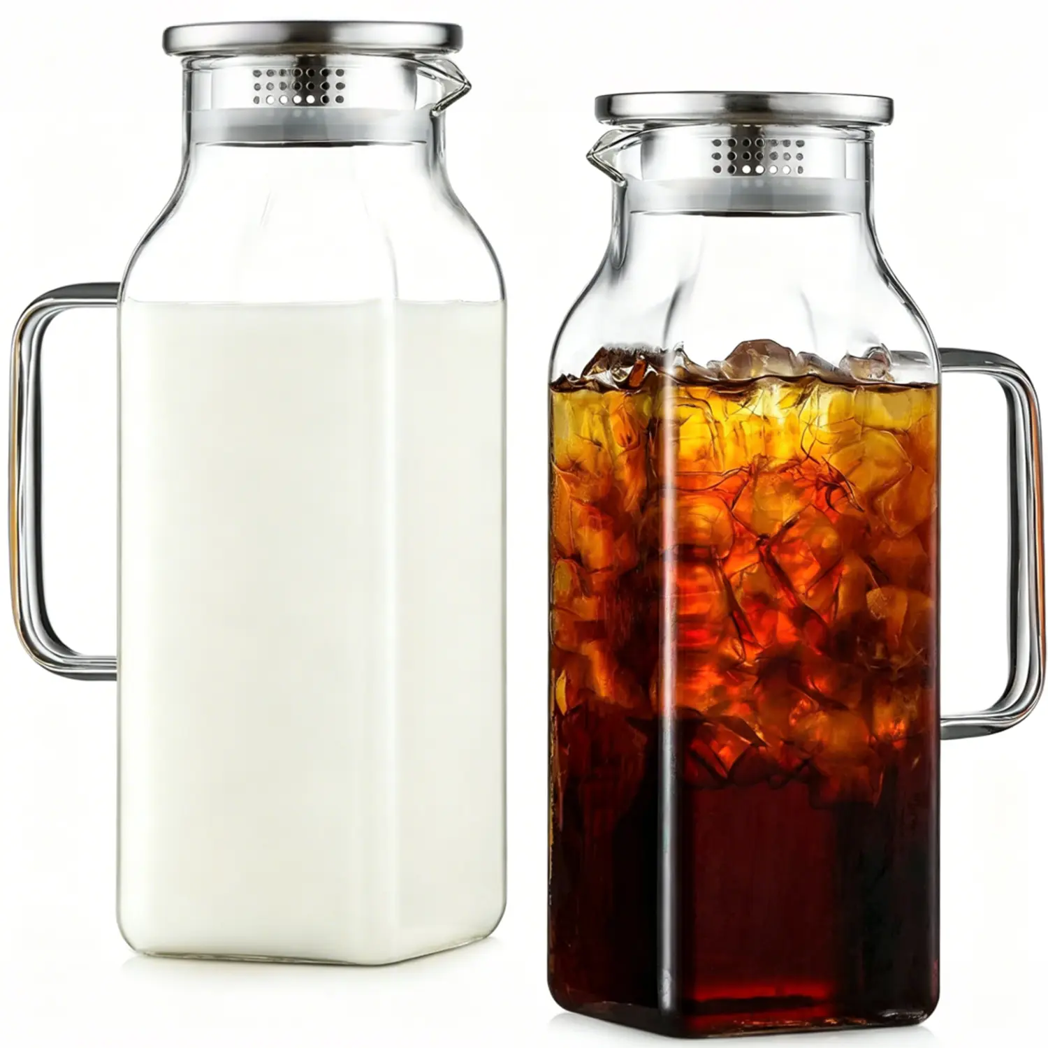 2 Piece 2L/68oz Square Glass Pitcher with Handle and Lid, Water Carafe, Vintage Water Pitcher for Refrigerator, Glass Jug for Iced Tea, Milk, Coffee Water Bottle Storage Containers, Heat and Cold Resistant Borosilicate Water Jug