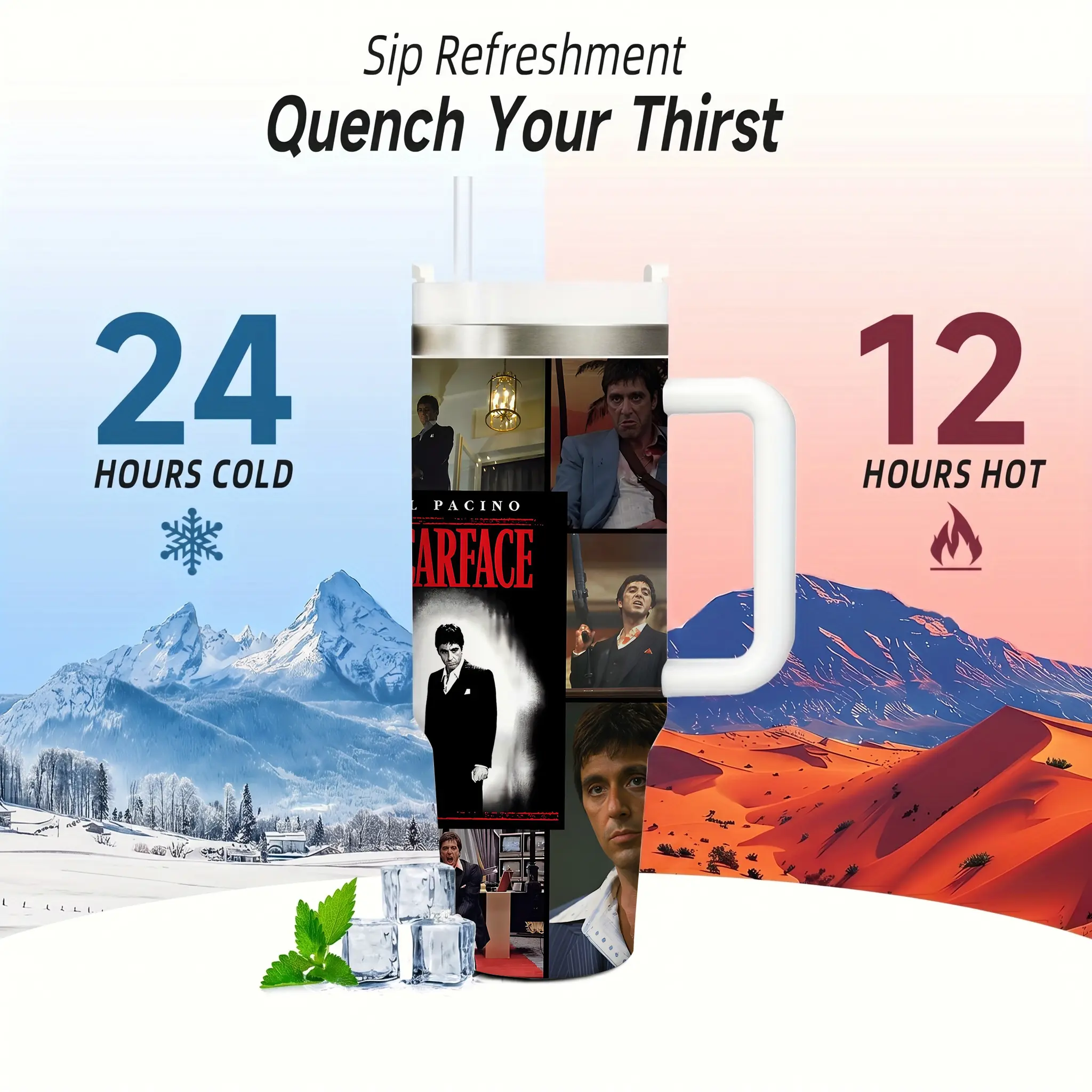 [Father's Day gift ] Scarface Tony Montana 40oz Large Leak Proof Stainless Steel Travel Tumbler No Spill All Day Hydration Keep Drinks Hot 12 Hours Cold 24 Hours Handle Mug for Home Office Car Travel Fans