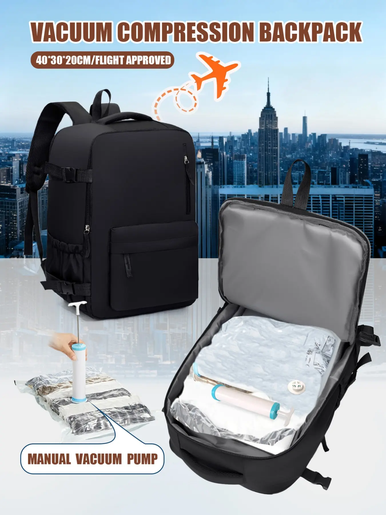 Women's Shoulder Bag, Airplane-Friendly Vacuum Compression Traveler Essentials Backpack, Backpack For Traveling On Airplane, Carry On Backpack For Airplanes, Includes Compression Bag & Manual Air Pump, 40x30x20cm, Unisex Travel Luggage