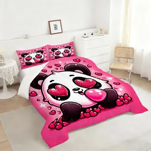 2/3Pcs Cute Panda Love Comforter Set, Adorable Cartoon Bedding Set with Glittering Hearts, Soft and Cozy Quilted Comforter for a Playful Bedroom Aesthetic, Perfect for Kids and Teens!, 1 or 2 Pillowcase No Pillow Core