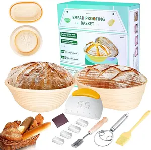 Silicone Banneton Bread Proofing Baskets Set of 2, 9 Inch Round & 10 Inch Oval Foldable Sourdough Baking Basket Supplies, Complete Bread Making Set With Lame, Scraper, Brush, Danish Whisk Bakeware Utensils Baked Blade