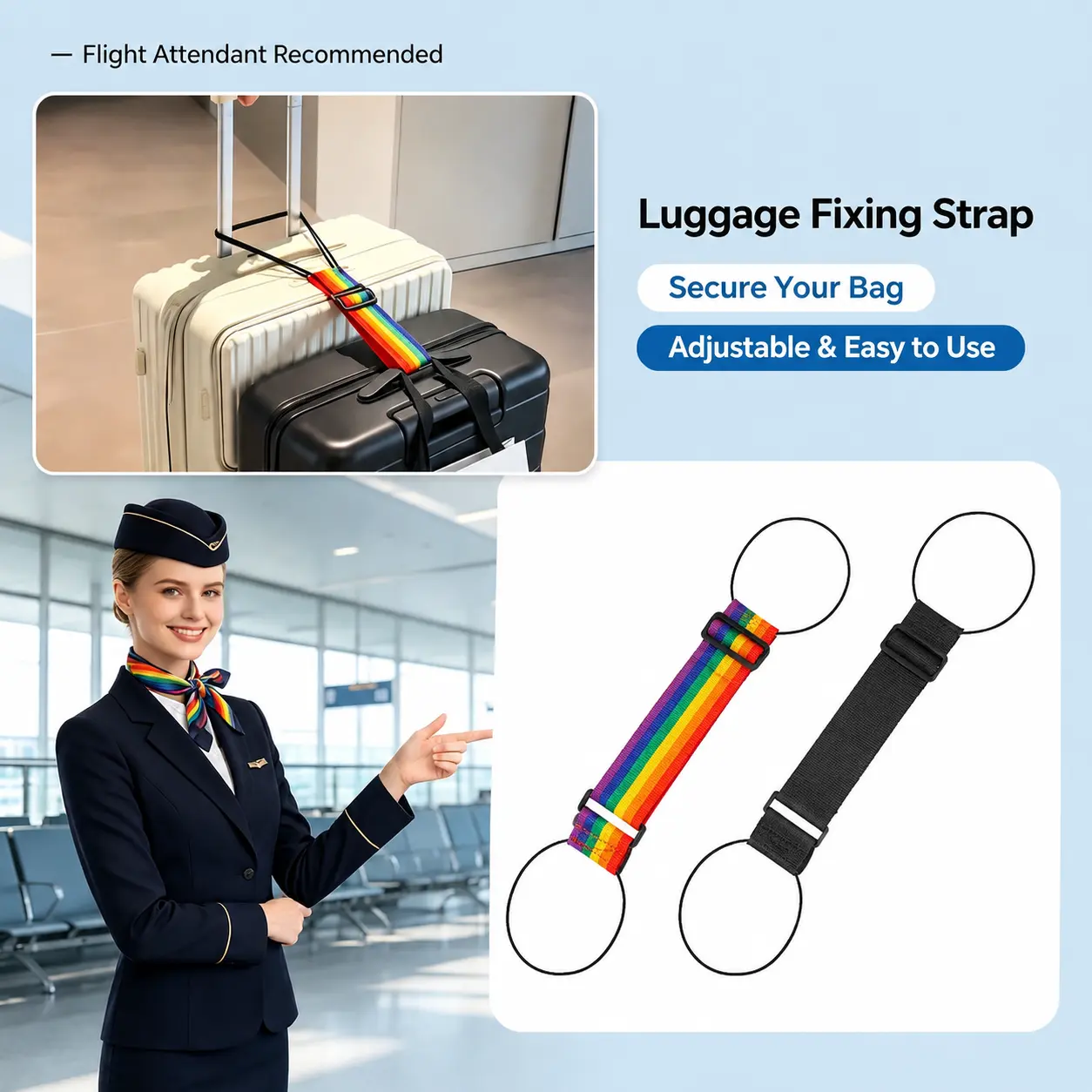 2-Pack Black Luggage Connector Straps, Heavy-Duty Adjustable Lock Webbing Straps for Securing Suitcases, Travel Bags, Fits Large Items, 2Pcs Black, Elastic Loops, Heavy-Duty Webbing