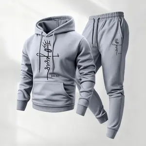 Men's King Jesus Print Hoodie and Drawstring Sweatpants Set, Menswear, Casual Athletic Long Sleeve Hooded Jacket & Trousers for Fall & Winter, Men's Clothing for Daily Wear, Sportswear Indoor Outdoor, Tracksuit, Athleisure Summer Clothes