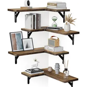 Corner Floating Shelves, Set of 4 Corner Wall Shelves, Shelves for Wall Decor, Corner Wood Shelves for Home Decor, Office, Bedroom, Bathroom, Laundry Room, Kitchen, Brown