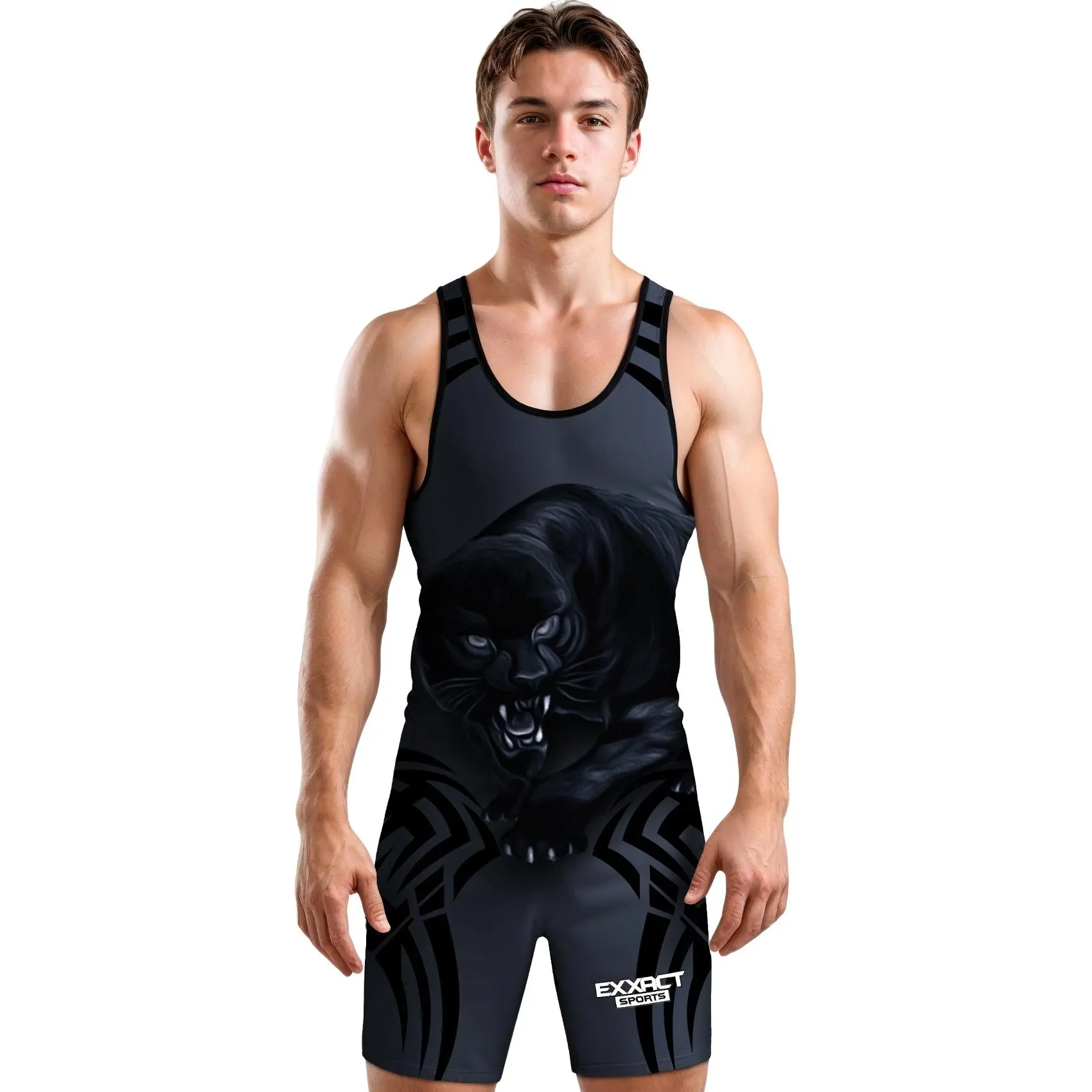 Exxact Sports Sublimated Adult Wrestling Singlet - Premium Powerlifting Singlet for Men Singlets (Black Panther) Fitness Workout Vest Athletic Training Apparel