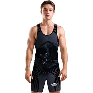 Exxact Sports Sublimated Adult Wrestling Singlet - Premium Powerlifting Singlet for Men Singlets (Black Panther) Fitness Workout Vest Athletic Training Apparel