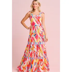 Addison red and colorful maxi dress with top ties and elastic back