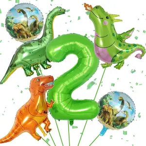 Dinosaur-Themed Digital Aluminum Foil Balloon Set, Including One 40-Inch Green Number Balloon, Three Cartoon Dinosaur-Shaped Aluminum Foil Balloons, and Two Round Dinosaur Aluminum Foil Balloons—Ideal for Birthday Parties,