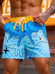 Funny Men's Ice Cream Dripping Print Quick Dry Beach Shorts Lightweight Breathable Fabric Drawstring Design Perfect for Beach Outings Pool Parties Comfortable with a Casual Beach Vibe