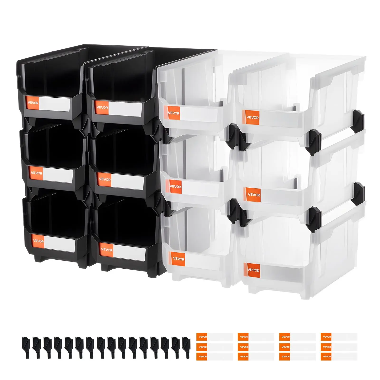 VEVOR 12 Packs Rectangular Plastic Stackable Storage Boxes with Label Stickers, 14.8x8.5x7.1 in Mount-Compatible Bins for Garage Organization, Closet Storage, Playrooms, Black-Transparent Home Organizers