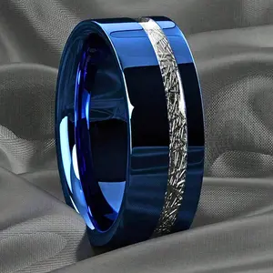8mm blue and black ring, inlaid with meteorite, suitable for couples, comfortable to wear and ideal for wedding and engagement rings, or everyday wear