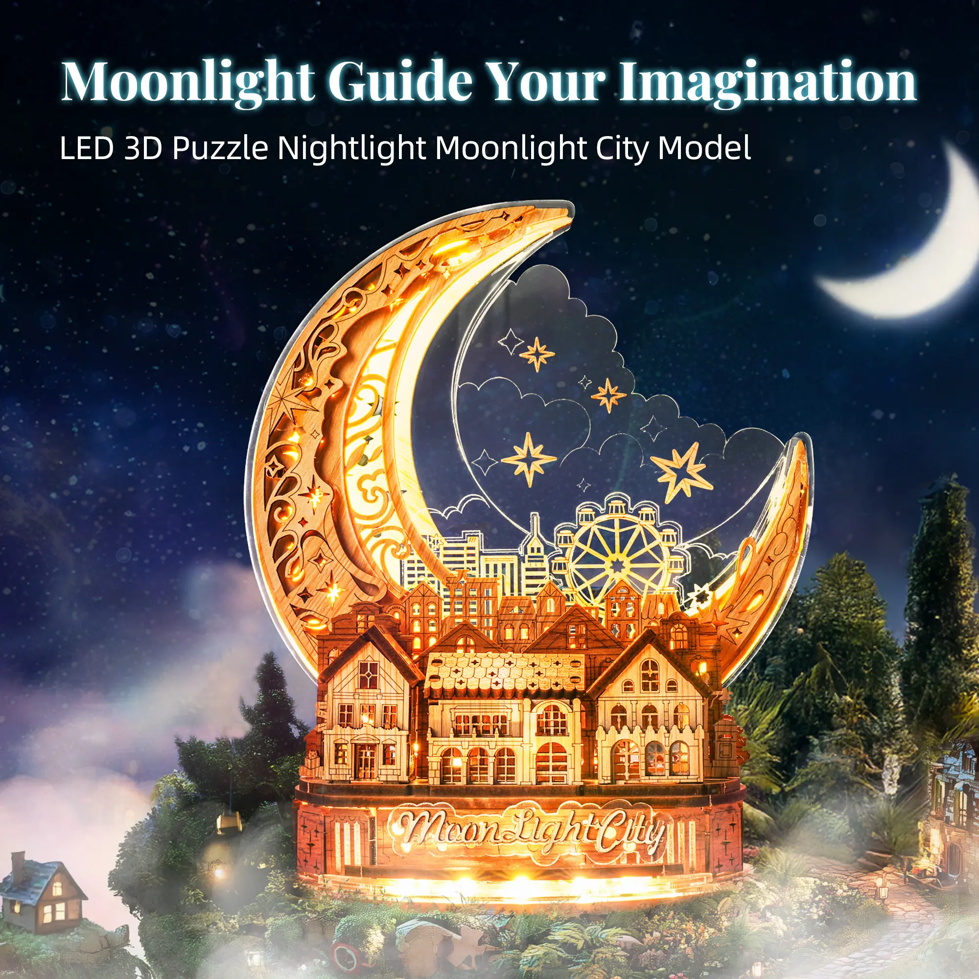 Summervibes FUNPOLA LED 3D Wooden Puzzle Moonlight City-DIY