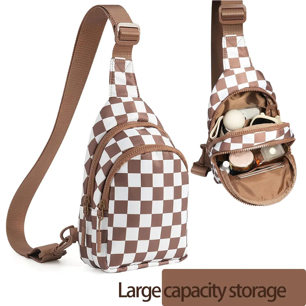 Lightweight Small Backpack Crossbody Chest Bag Fanny Packs PursesTRAVEL COMPANION Classic And Stylish Anti-Theft Hiking Main Compartment Zippered Front Pockets Adjustable Shoulder Strap WaterResistant Brown White Checkered Design summerwins