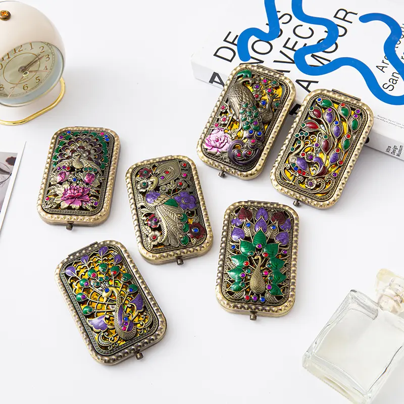 Women's Rectangular Pocket Mirror, Antique Gold Vintage Embossed Peacock Design, Portable Folding Metal Case with 2X/1X Magnification