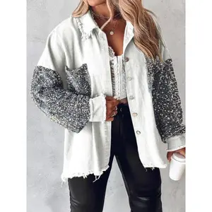 【Plus Size】 Contrast Sequin Raw Hem Button Front Shirt Jacket, Casual Long Sleeve Collared Pocket Outerwear for Fall & Winter, Women's Clothes for Daily Wear, Womenswear