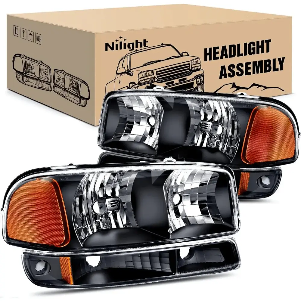 Nilight Vented Headlight Assembly - Black Case, Amber Reflector, Waterproof, Dustproof, Anti-Fog, UV Resistant, 15 Mins Installation, Plug-N-Play, DRL, DOT Compliant, Left & Right Covers for 1999-2006 GMC Sierra 1500 & Yukon