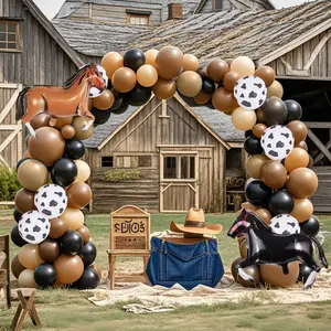 134pcs Western Wind Ball Arch Wreath Collection, Featuring Black And Brown Horse Aluminum Foil Balloons, Perfect for Wild Western-Themed Birthday Celebrations, Farm Events, Halloween Festivities, Autumn Parties, And Thanksgiving Decorations.