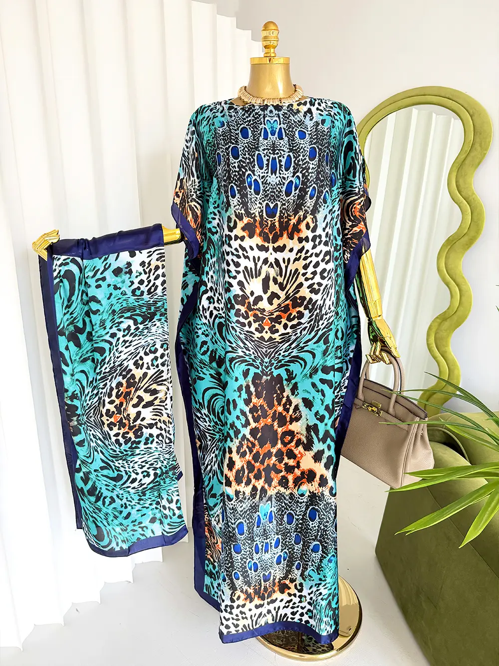 Women's 2-Piece Peacock & Leopard Print Kaftan Maxi Dress & Scarf Set - Short Sleeve Casual Cowl Kaftan Dresses, Ethnic Print Loose-Fit Robe, Vibrant Blue & Orange, Soft Flowy Beach Cover-Up, Summer Vacation Lounge Wear