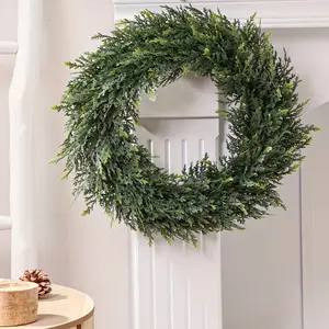 1pc, Artificial Cedar Teak Wreath With Boxwood & Millet Grass, Green, Faux Plant, Flower Arrangement Decor, Home  For School Dorm Office, Seasonal Outdoor Decor, Spring Wedding Valentine's Easter Christmas, Door Living Room Bedroom Gar Ornaments Plastic